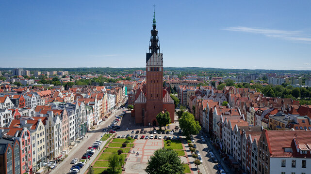 Aerial panoramic view of Elblag Old Town with St. Nicholas Cathedral, Poland