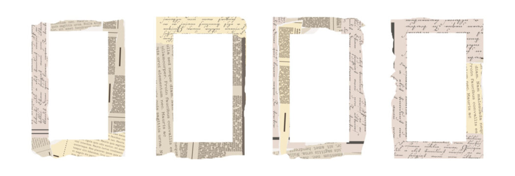 Torn vintage ripped collage frames with old clipping texture. Newspaper borders for scrapbook. Old gazette news sheets. Trendy retro vintage paper cut, rip torn. Isolated vector illustration.