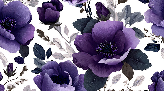 Elegant dark purple floral pattern featuring dimensional flowers and foliage elements