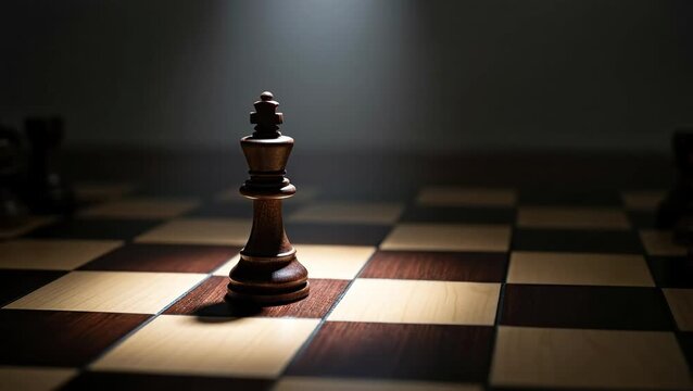 A lone chess king piece on a board, illuminated with dramatic lighting.