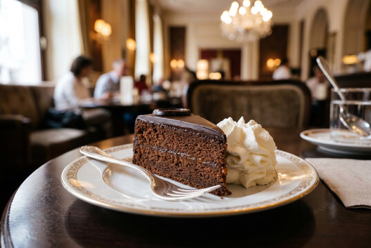 Slice of Austrian Sacher Torte Cake with Apricot Jam
