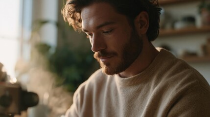 Obraz premium Close-up portrait of a young man with curly hair and a beard. he is wearing a beige sweater and is looking off to the side with a thoughtful expression on his face.