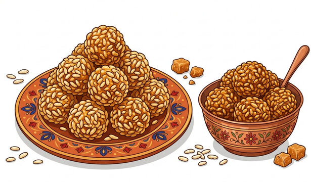 Indian puffed rice laddu sweets with jaggery traditional mithai vector illustration isolated on white background