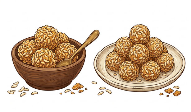 Traditional murmura laddu and pori urundai Indian mithai sweets vector illustration isolated on white background