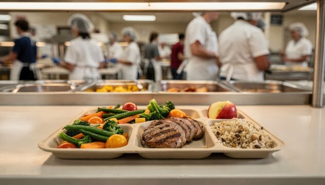 Middle school lunch service line with a focused tray featuring balanced portions of vegetables proteins and grains students and staff softly blurred behind.