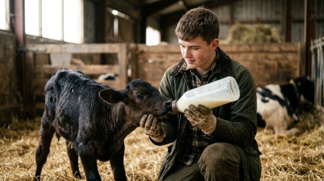 Man kneeling to feed young calf milk from bottle in wooden barn. Dairy farm animal care and livestock nurturing. Rural agriculture and veterinary husbandry concept.