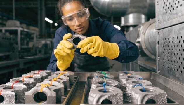 Closeup medium view of technician inspecting traceable batch samples on production line showcasing quality control in recycled metal casting processes.