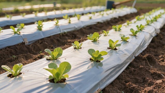 Young cabbage seedlings growing through white spunbond nonwoven fabric in a farm field. Concept of agrofibre mulching, plant protection, soil temperature control, and agritech