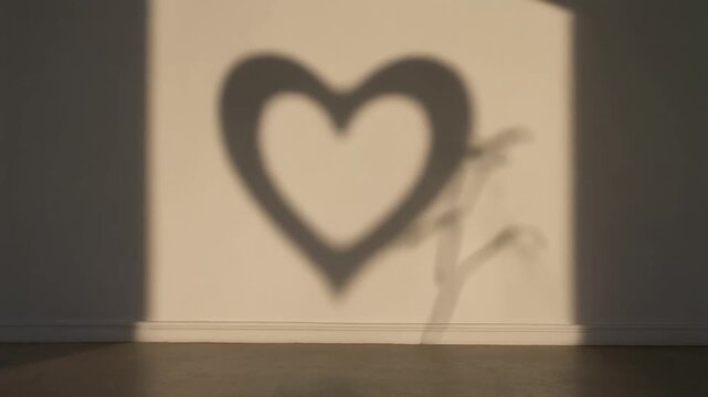A soft heart shaped shadow cast on a minimalist wall during sunset golden hour lighting