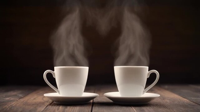 Pair of steaming white coffee cups on a rustic wooden table with vapor forming a heart shape representing romantic morning routine