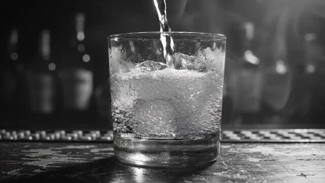 Black and white close up of a glass filled with ice being topped off with a fizzy, clear liquid