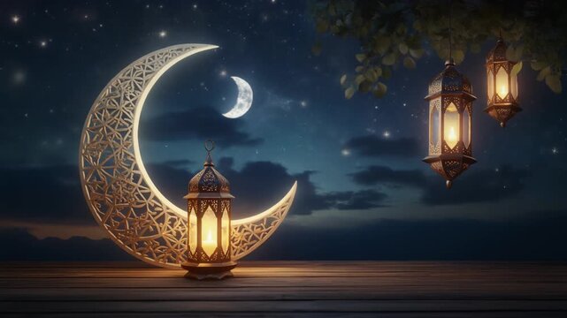 Ramadan Kareem greeting with illuminated crescent moon and lanterns, a festive night scene perfect for Islamic celebrations and cultural events