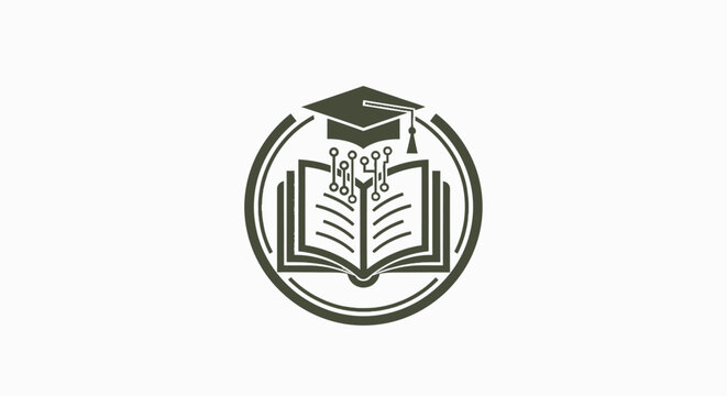 Academic book and graduation cap logo representing education.