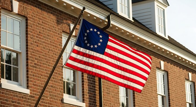 Betsy ross american flag waving on a pole outside a brick colonial building. 13 colonies flag