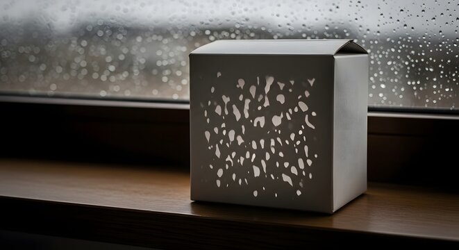 A decorative cube-shaped object with perforated patterns sitting on a wooden windowsill against a rainy window.