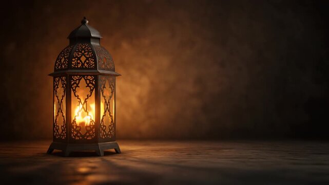 An ornate Ramadan lantern casting a warm, inviting glow on a rustic surface, evoking a sense of peace and spiritual reflection