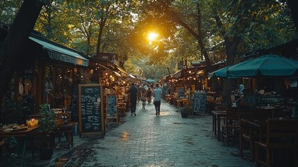 Fototapeta premium Charming Outdoor Restaurant Street at Golden Hour