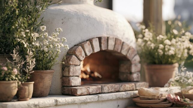 Outdoor brick oven with a white dome-shaped roof. the oven is made of red bricks and has a small opening in the center. inside the oven, there is a fire burning.