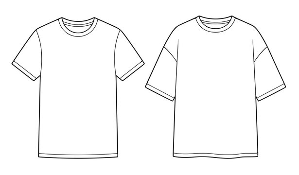 Minimal outline vector set of classic and oversized t shirts isolated on white background