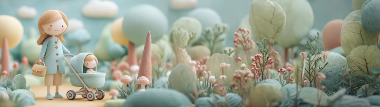 M&egrave;re avec b&eacute;b&eacute; en poussette dans une for&ecirc;t pastel, promenade printani&egrave;re, style stop motion en 3D clay art, p&acirc;te &agrave; modeler, univers miniature kawaii, f&ecirc;te des m&egrave;res, espace n&eacute;gatif copyspace