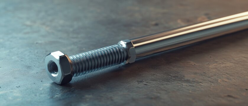 Metallic threaded rod and nut industrial engineering macro photography
