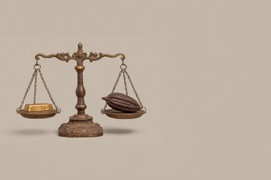 Balance ancienne en m&eacute;tal avec lingot d&rsquo;or sur un plateau et calebasse de cacao sur l&rsquo;autre, fond beige, concept de valeur, mati&egrave;re premi&egrave;re, commerce et espace n&eacute;gatif copyspace