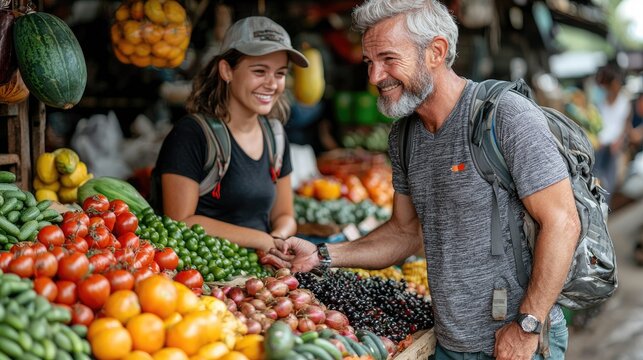 Tourist Man Shopping for Fresh Organic Produce at a Vibrant Traditional Market