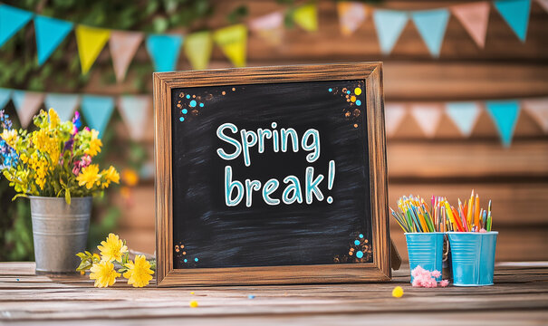 Vacances de printemps, tableau noir avec texte en anglais &laquo; Spring break! &raquo;, fanions color&eacute;s, fleurs jaunes et crayons de couleur, &eacute;cole, classe, cong&eacute;s scolaires, saison printani&egrave;re et c&eacute;l&eacute;bration