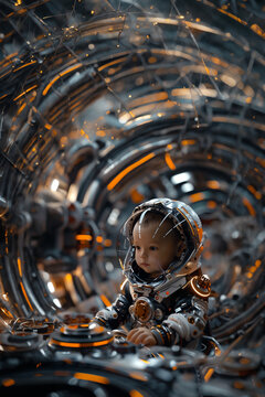 Enfant en combinaison d&rsquo;astronaute dans un tunnel futuriste m&eacute;tallique, exploration spatiale, univers de science-fiction, technologie, espace n&eacute;gatif copyspace