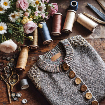 Handmade Cardigan With Sewing Supplies for Knitwear Brand and Craft Marketing
