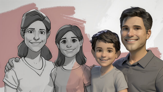 Portrait de famille traditionnelle h&eacute;t&eacute;rosexuelle avec p&egrave;re, m&egrave;re, fille et fils souriants, complicit&eacute; familiale, personnages entre dessin au crayon et couleur, fond blanc avec touche de rose