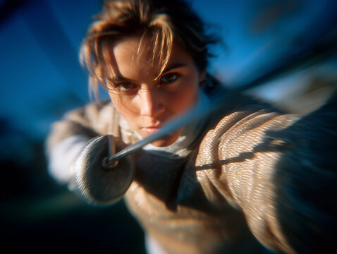 Escrimeuse en tenue blanche portant un gant et pointant son arme vers l&rsquo;objectif, escrime, attaque, duel, entra&icirc;nement, comp&eacute;tition sportive, geste rapide, perspective rapproch&eacute;e et effet de vitesse