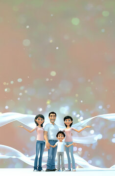 Famille traditionnelle h&eacute;t&eacute;rosexuelle avec p&egrave;re, m&egrave;re, fille et fils, r&eacute;unie sur fond abstrait lumineux avec bokeh pastel et vague blanche, th&egrave;me f&ecirc;tes de fin d&rsquo;ann&eacute;e, hiver, espace n&eacute;gatif copyspace