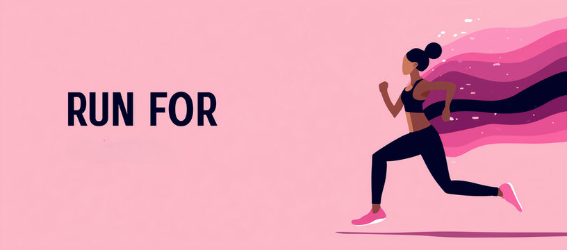 Octobre Rose, femme courant pour la sensibilisation au cancer du sein, campagne de pr&eacute;vention, course solidaire, fond rose, texte en anglais &laquo; RUN FOR &raquo;, espace n&eacute;gatif copyspace