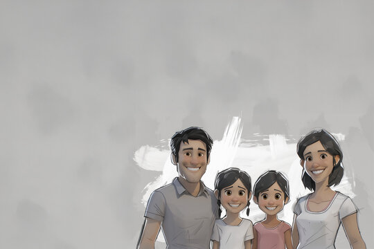 Portrait de famille traditionnelle h&eacute;t&eacute;rosexuelle avec p&egrave;re, m&egrave;re et deux filles, r&eacute;unis et souriants, fond gris style estampe avec espace n&eacute;gatif copyspace                              