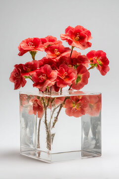 Bouquet de coquelicots rouges et corail, p&eacute;tales d&eacute;licats, vase carr&eacute; transparent, tiges visibles dans l&rsquo;eau, reflets lumineux, pavots, fleurs des champs, floraison de printemps sur fond blanc