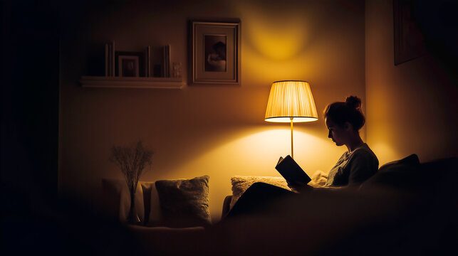 Young woman reading a book on a sofa in a cozy dark room illuminated by a warm floor lamp, symbolizing education, relaxation, peaceful hobby, and night study at home.