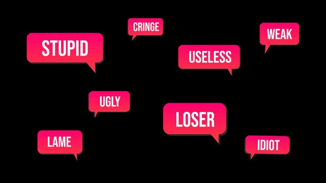 Animated toxic speech bubbles with insulting words isolated on transparent background. Ideal for bullying, cyberbullying, hate speech, mental health, and social issue content.