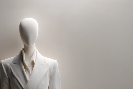 Mannequin sans visage en tailleur blanc sur fond gris avec espace n&eacute;gatif copyspace, portrait mode minimaliste pour &eacute;l&eacute;gance, luxe, vitrine, showroom, couture et pr&eacute;sentation textile
