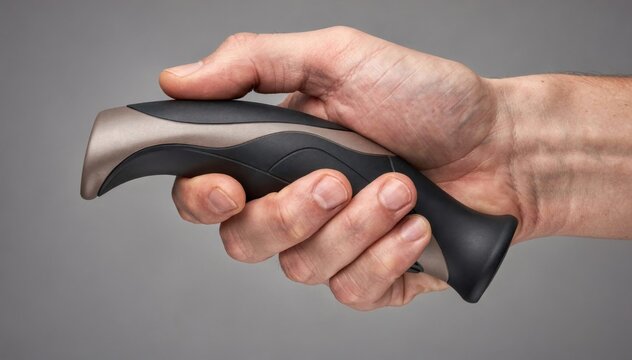 Medium shot of a hand gripping a dualcolor ergonomic tool handle with soft elastomer overmolding enhancing comfort and control during extended use.