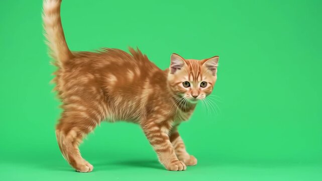 Playful ginger cat on green screen in motion video.