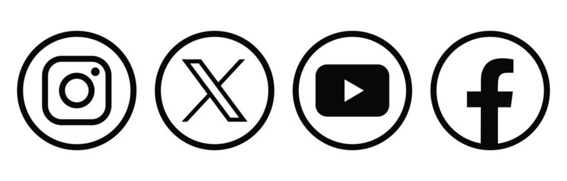 social media logotype. facebook, instagram, twitter, X, youtube. social media icons. 4 elements, web graphics for editoral. facebook, instagram, X, youtube logo icon with circle outline frame.