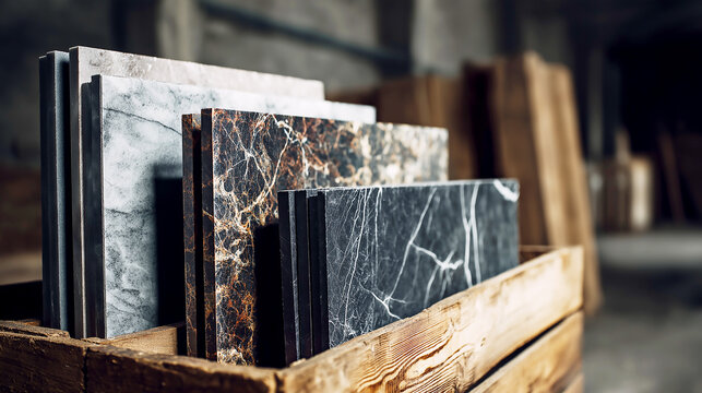 Premium assortment of marble and granite slabs with intricate veining patterns stored in a wooden container, highlighting elegant materials for high-end kitchen countertops and bathroom decor.