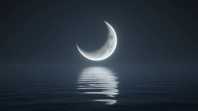 A breathtaking crescent moon gracefully arches above a still body of water, its radiant light perfectly mirrored on the dark, rippling surface under a silent night sky, evoking serenity and wonder