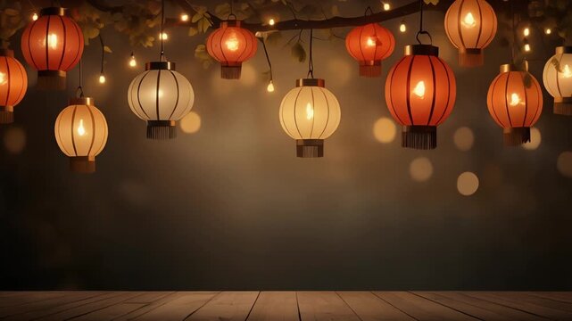 Warm and inviting ambiance created by a string of glowing decorative lanterns, casting a soft light over a rustic wooden surface, perfect for festive celebrations and serene cultural backdrops