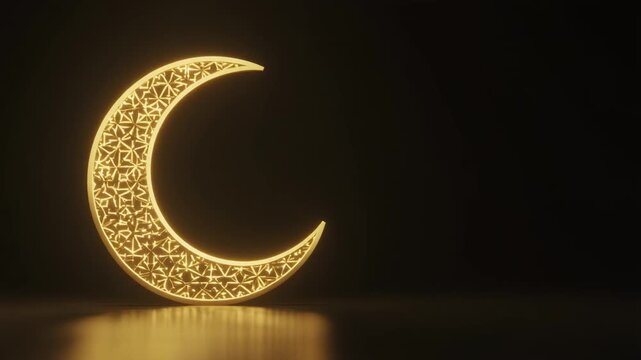 Golden crescent moon with intricate patterns, symbolizing Islamic holidays and celestial beauty