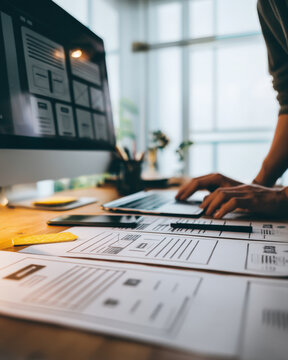 Creative Planning Desk With Wireframes For Digital Product Strategy Branding