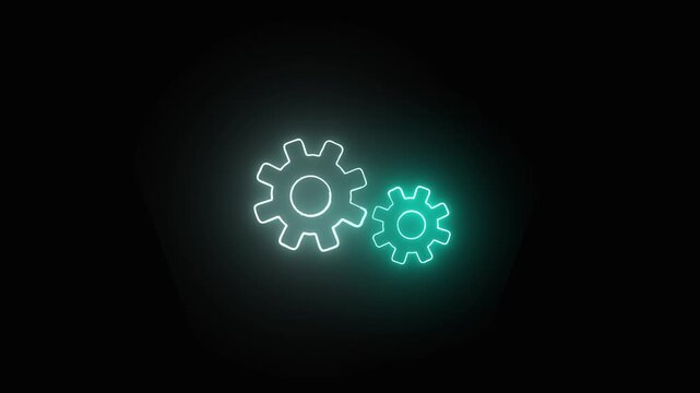 Gear icon animation with cyan neon glow. Gear icon digital industrial interlocking. Gear icon technology graphic on black background for management.