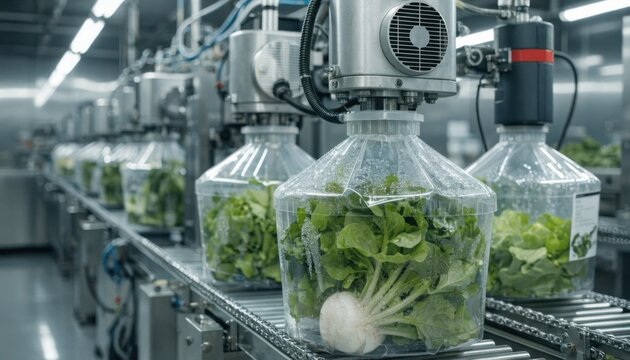 Medium shot of a food packaging line running smoothly during factory acceptance testing showcasing automated equipment sealing and labeling fresh product batches.