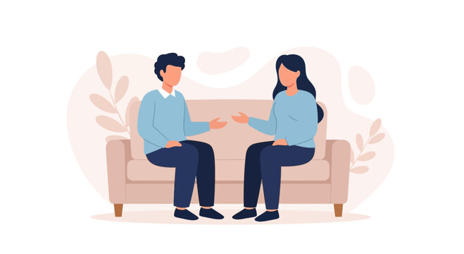Diverse couple talking on a neutral sofa, mental health conversation, relationship counseling.